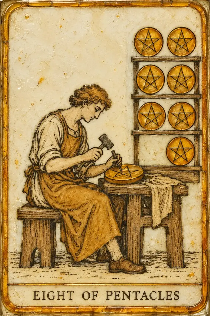 Eight of Pentacles — Amber Glass-Inspired Edition