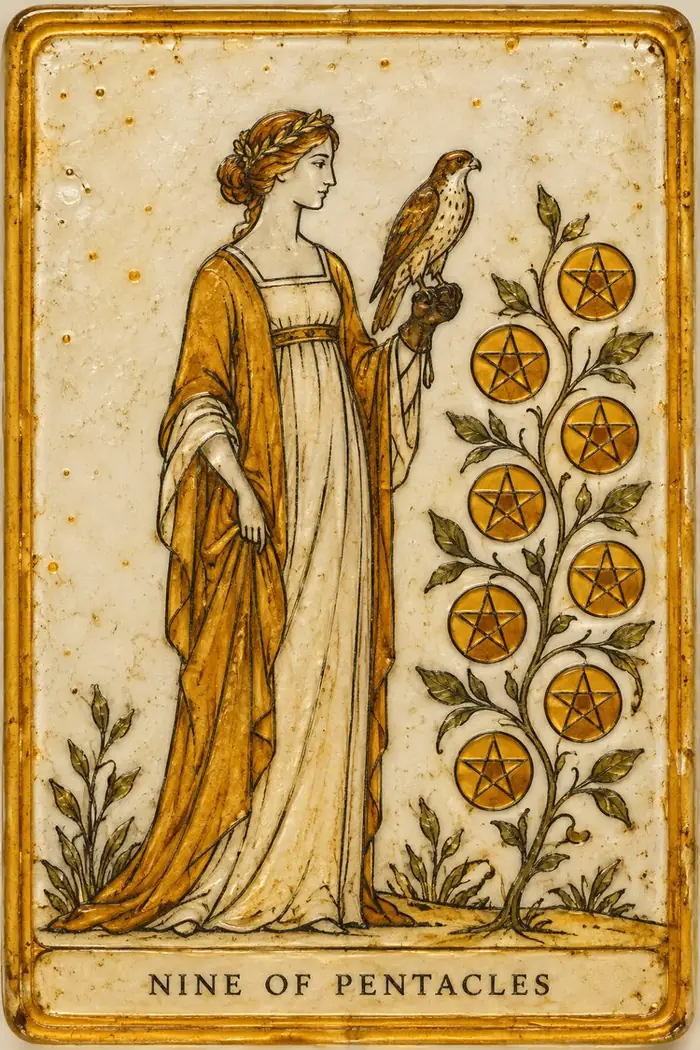 Nine of Pentacles — Amber Glass-Inspired Edition