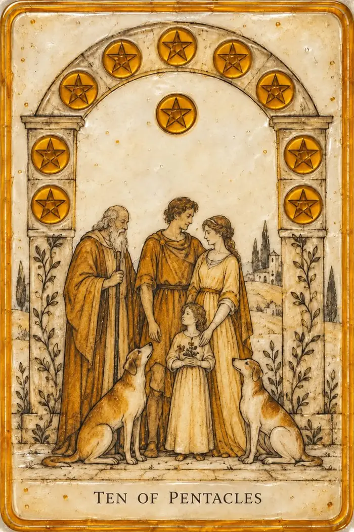 Ten of Pentacles — Amber Glass-Inspired Edition