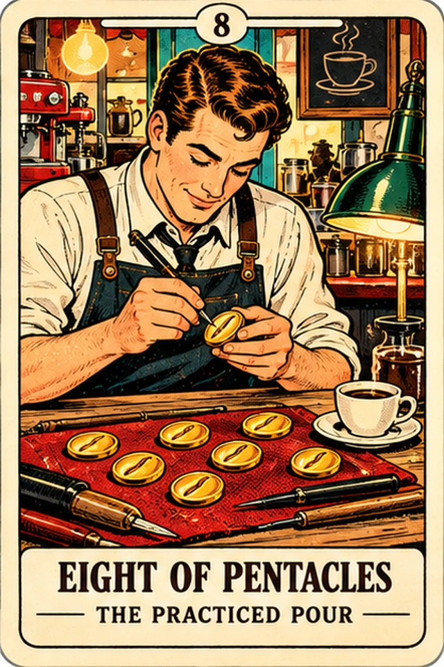 Eight of Pentacles — The Practiced Pour