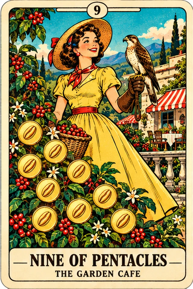 Nine of Pentacles — The Garden Cafe