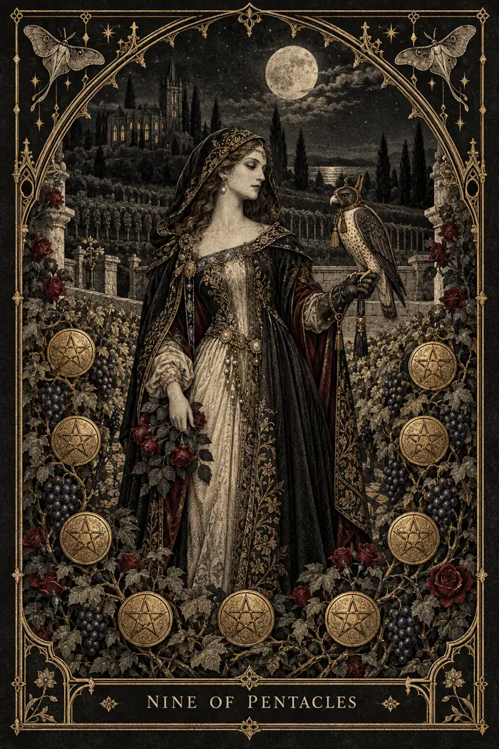 Nine of Pentacles — Gothic Engraving Edition