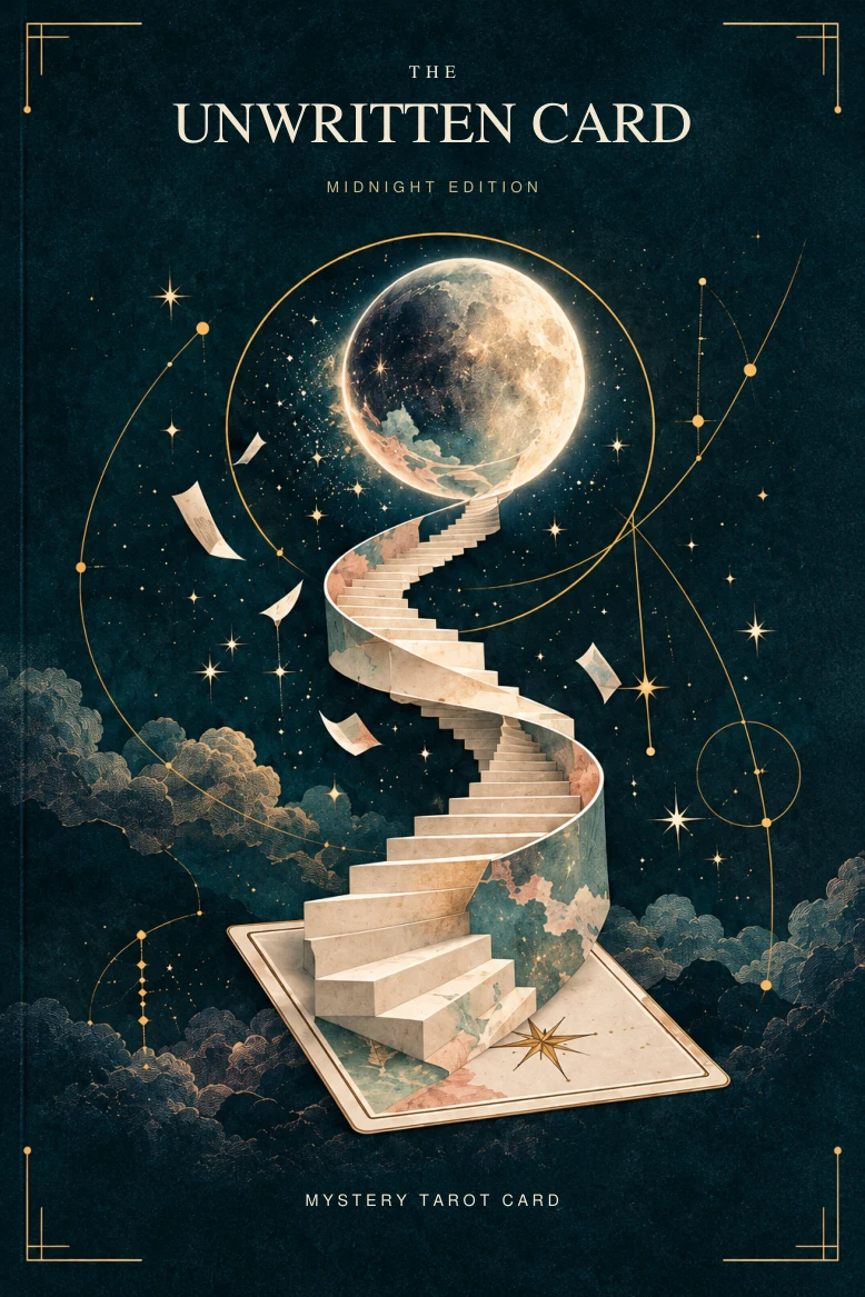 Midnight Edition cover: an ivory staircase climbs from a tarot card toward the moon on deep teal.
